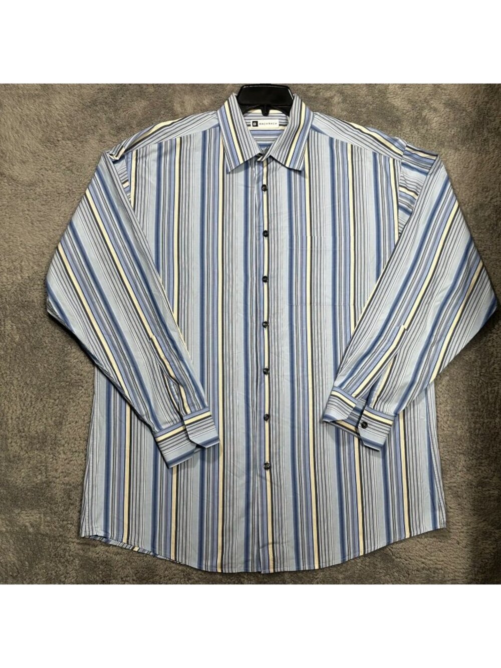 Bachrach Button Down Shirt Mens XL Blue Yellow Vertical Stripe Long SleeveCotton